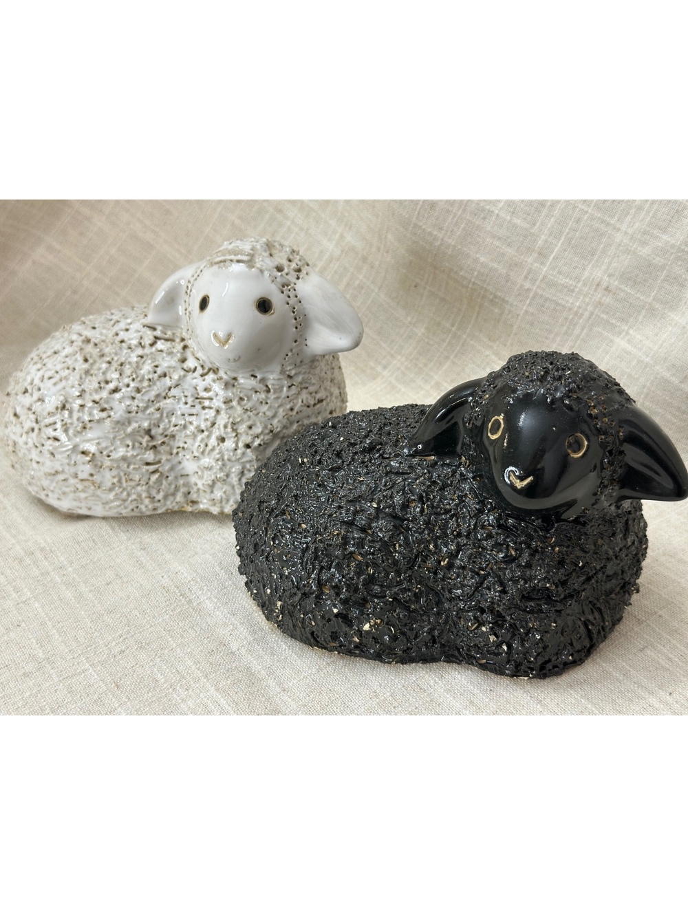 Black & White Pair 6.5" Ceramic Popcorn Texture Lying Down Sheep Lamb Figurines
